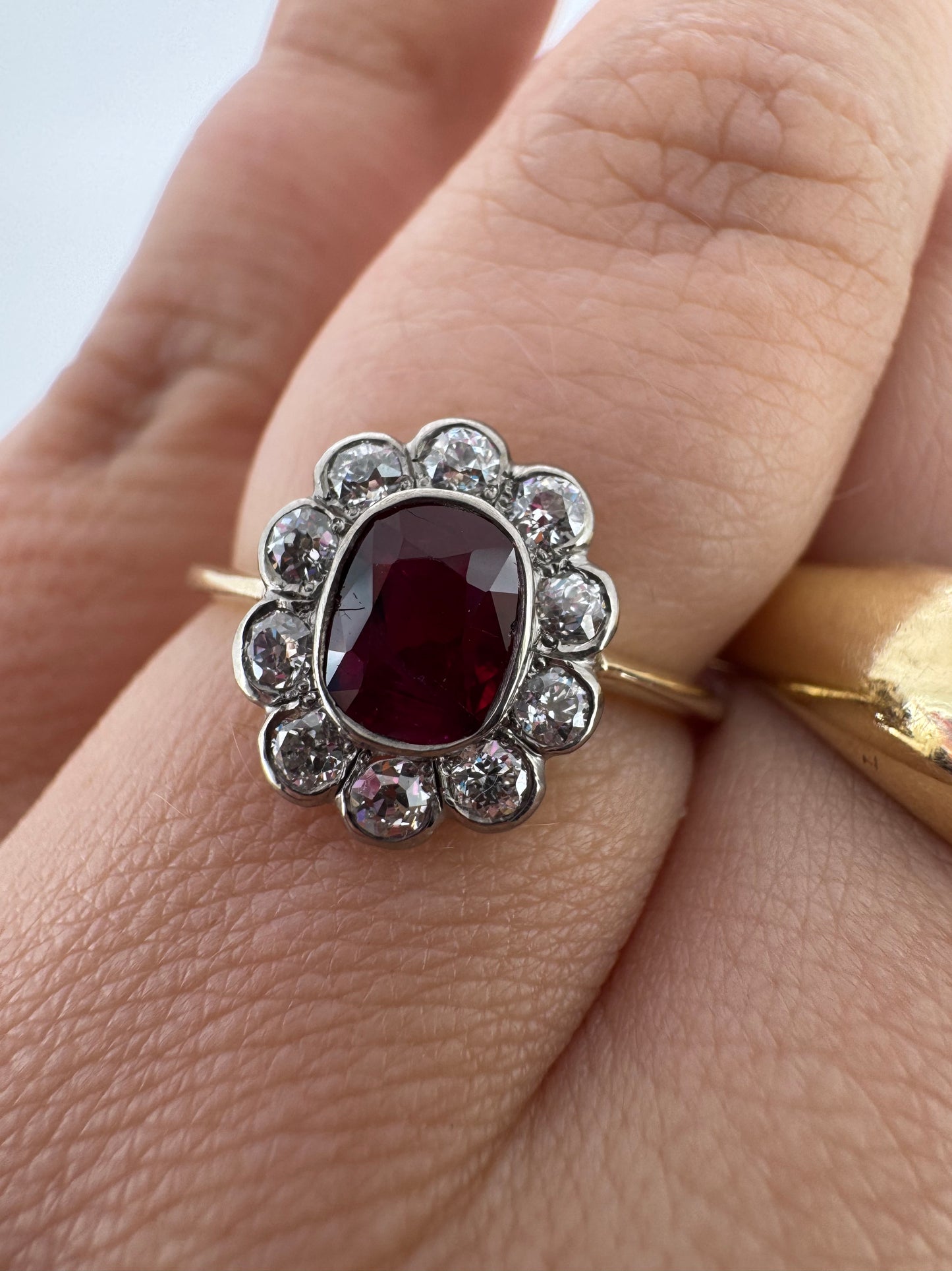 Burmese Ruby Ring with Old Mine Cut Diamond Halo - Edwardian Era
