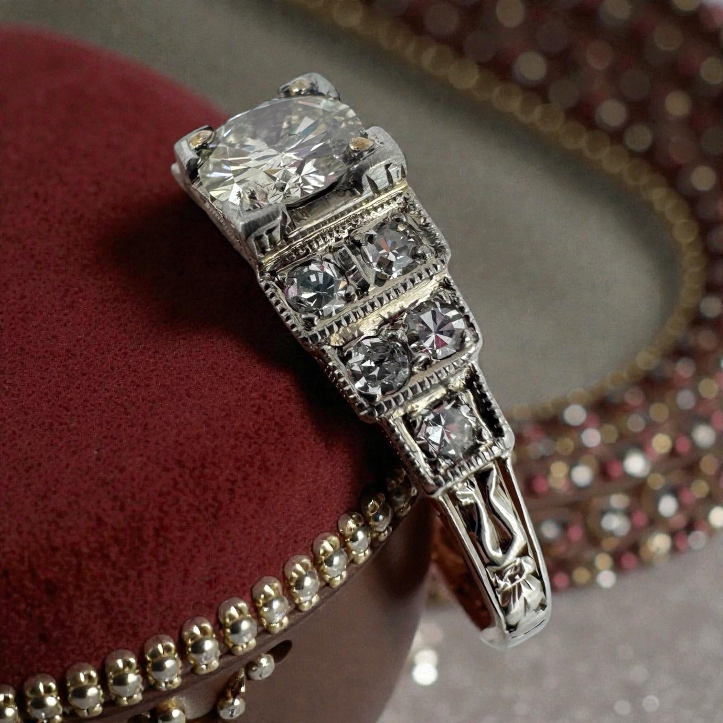 18K White Gold Geometric Diamond Ring - Art Deco