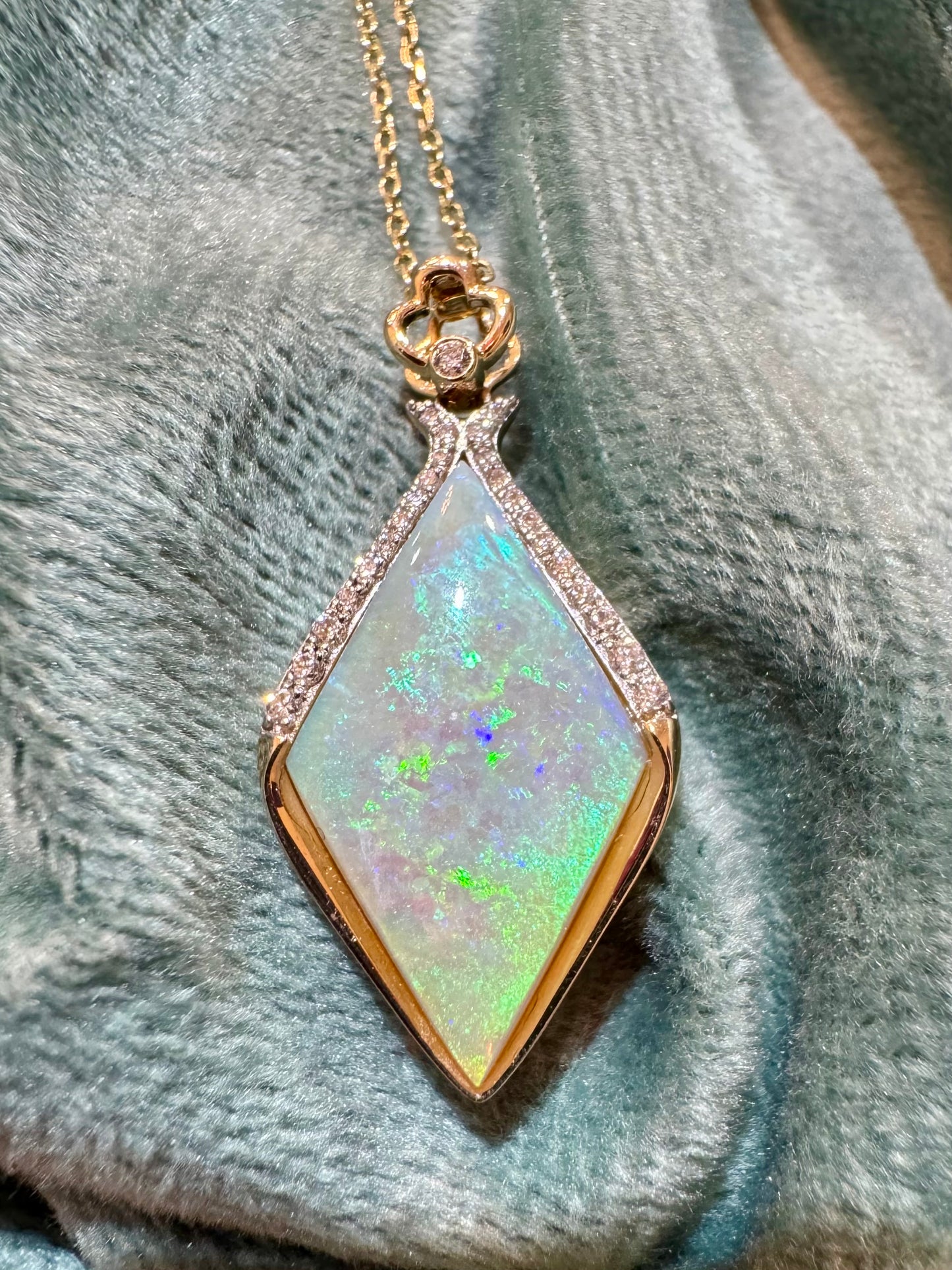 Unique Half Halo Opal and Diamond Pendant - 14K Yellow Gold