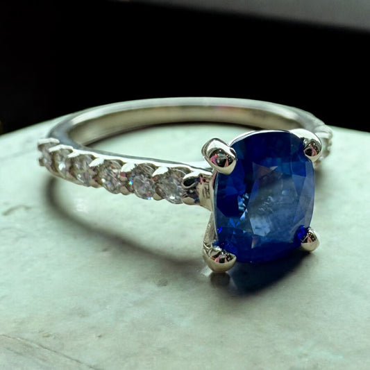 Diamond Accented Sapphire Ring - 14K White Gold