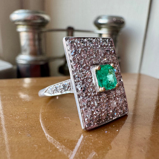 Art Deco Platinum Ring with Cushion Cut Emerald & European Cut Diamonds