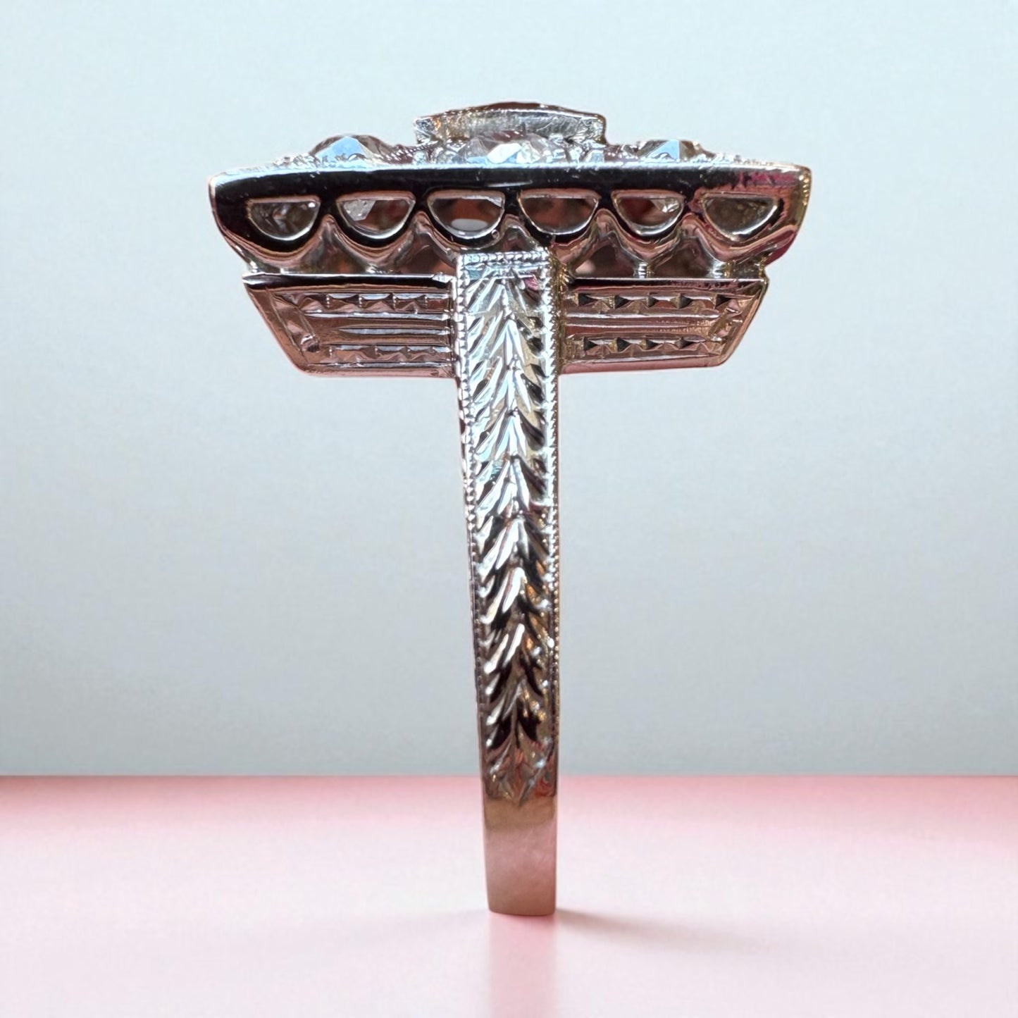 Mine-Cut Diamond Platinum Filigree Ring - Art Deco Period