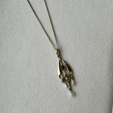 14k Gold Antique Pearl and Emerald Necklace