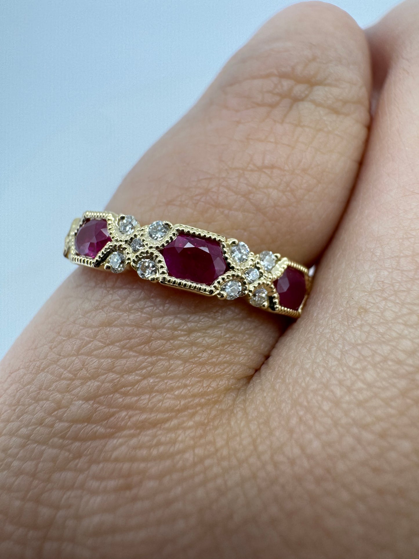 Diamond and Ruby Milgrain Band - 14K Yellow Gold