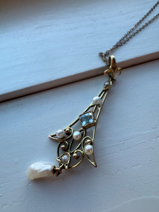14K Yellow Gold Pearl and Aquamarine Lavalier Necklace - Victorian Era