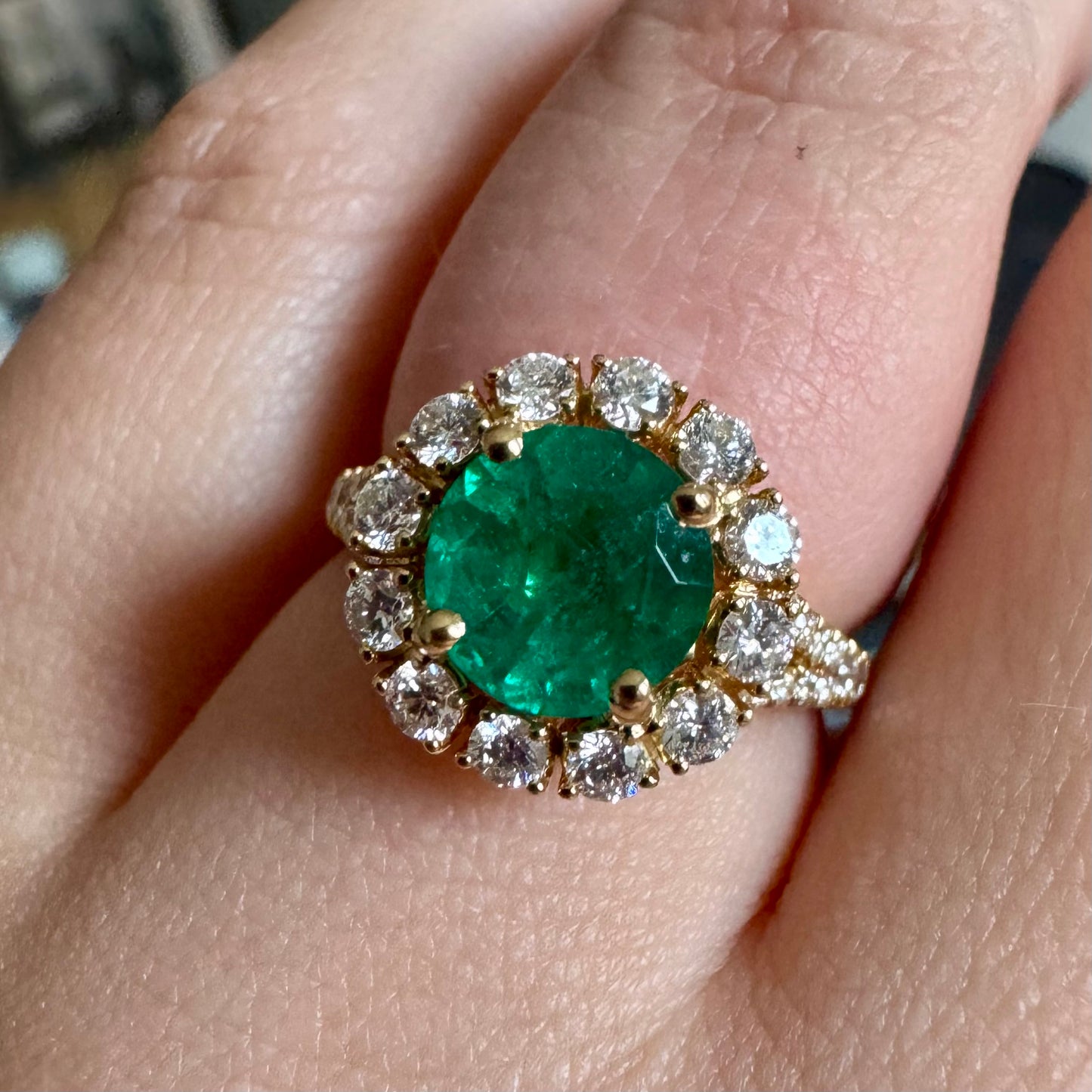 Accented Emerald Halo Ring - 18K Yellow Gold