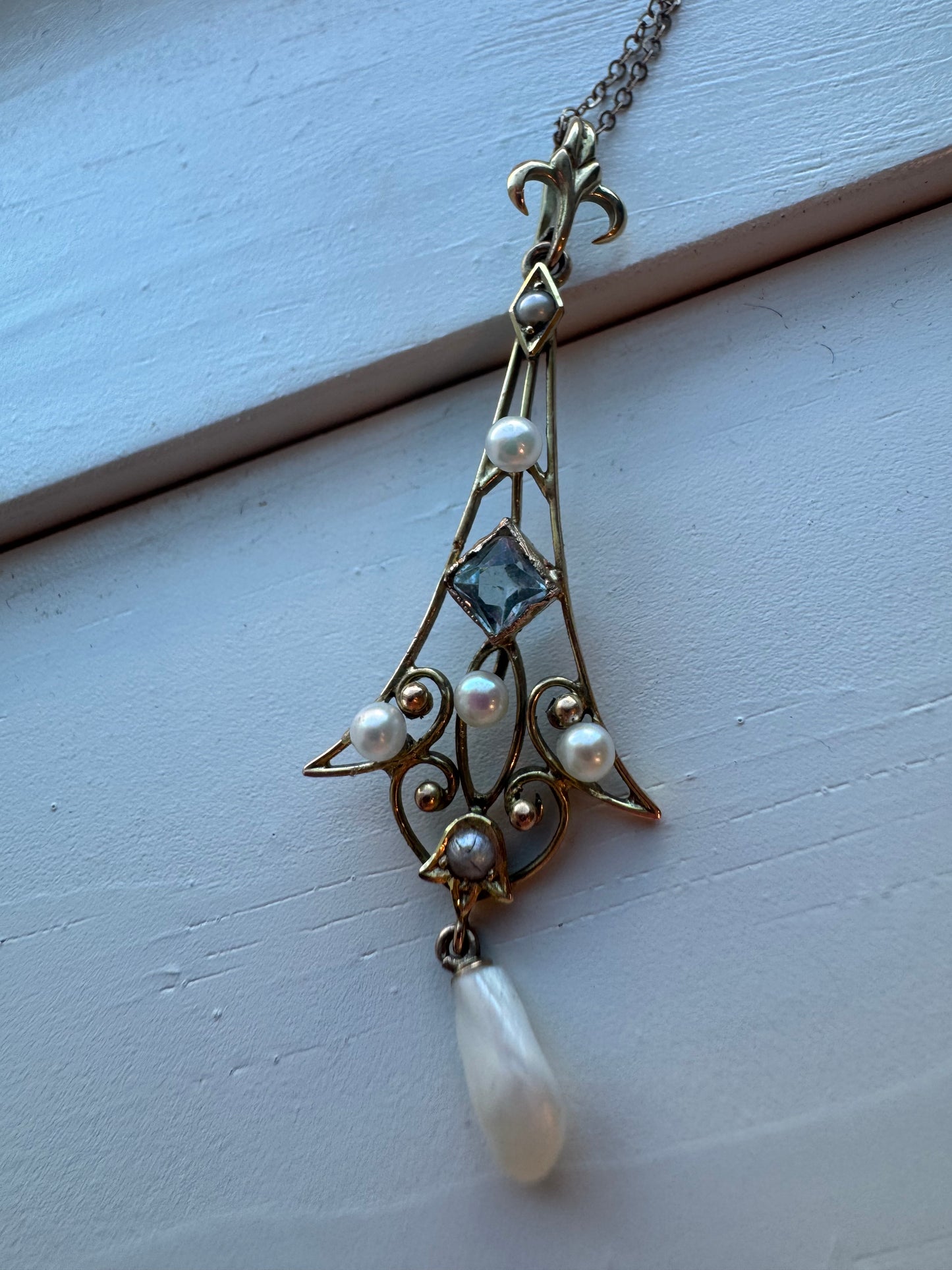 14K Yellow Gold Pearl and Aquamarine Lavalier Necklace - Victorian Era