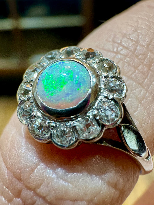 Diamond Halo Opal Ring - Platinum