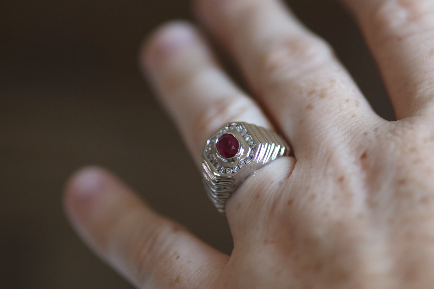 Oval Ruby Men’s Ring - 14K White Gold