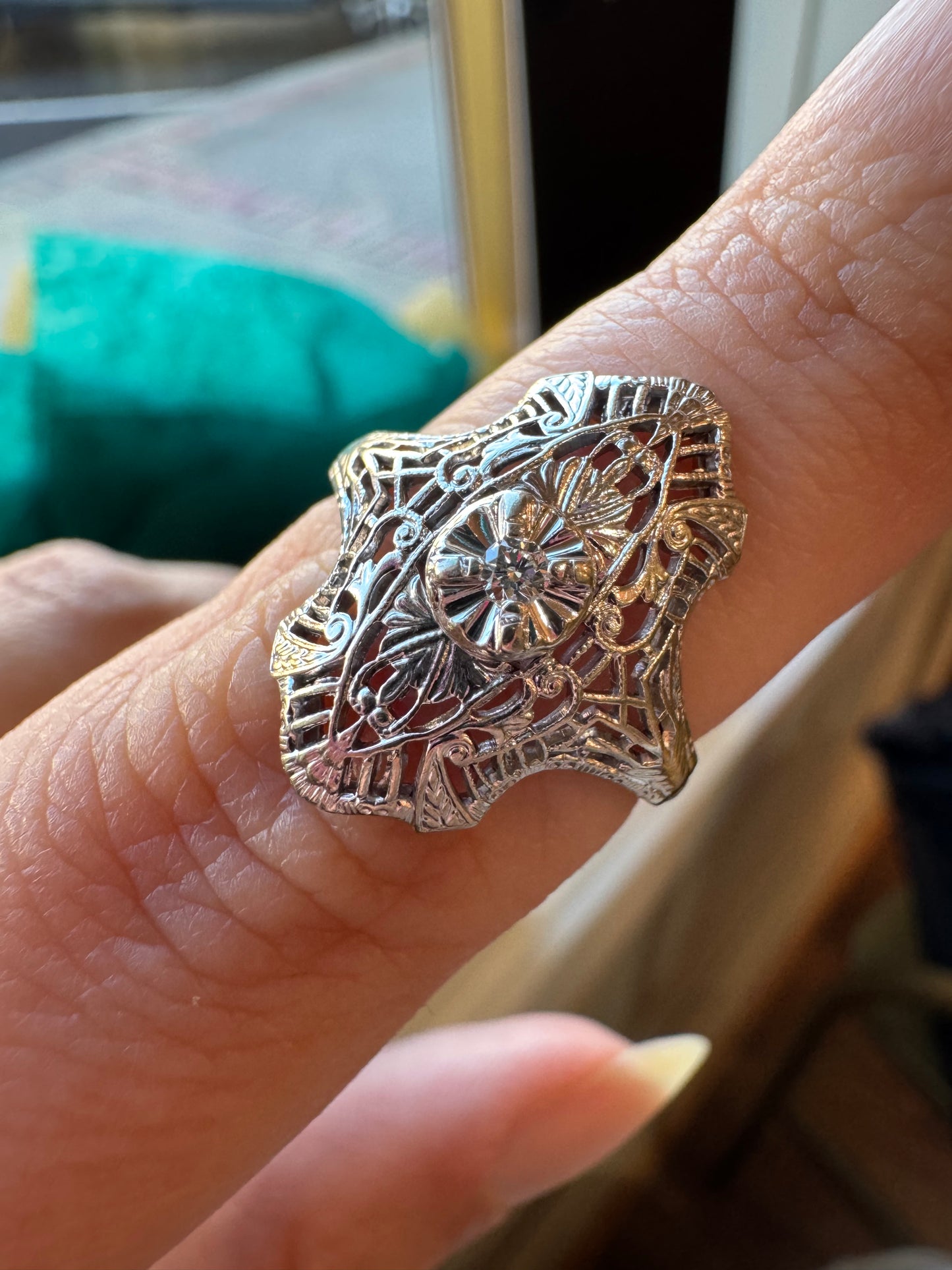 14K Diamond Filigree Ring - Art Deco