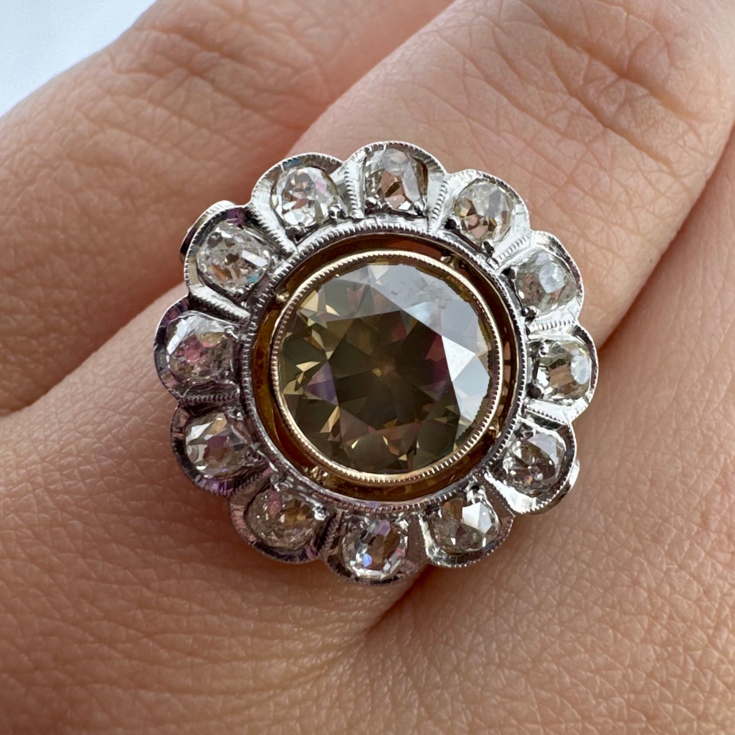 3.50ct Fancy Brown-Yellow European Cut Diamond Ring - Edwardian Era
