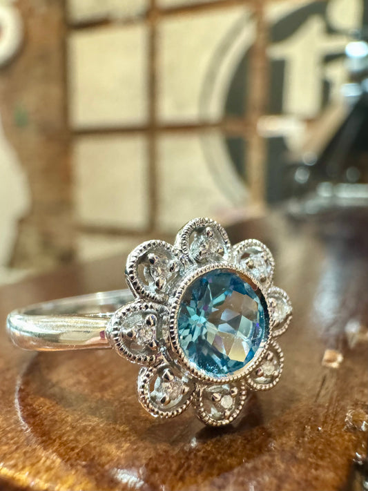 Blue Topaz and Diamond Flower Ring - 14K White Gold