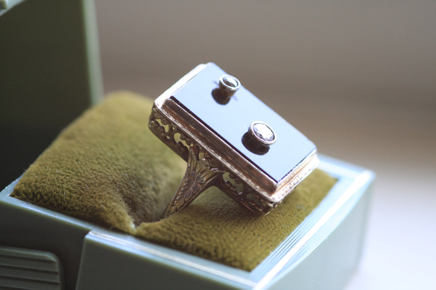 Black Onyx & European Cut Diamond Ring - Art Deco Period