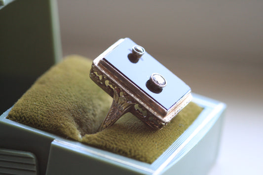 Black Onyx & European Cut Diamond Ring - Art Deco Period