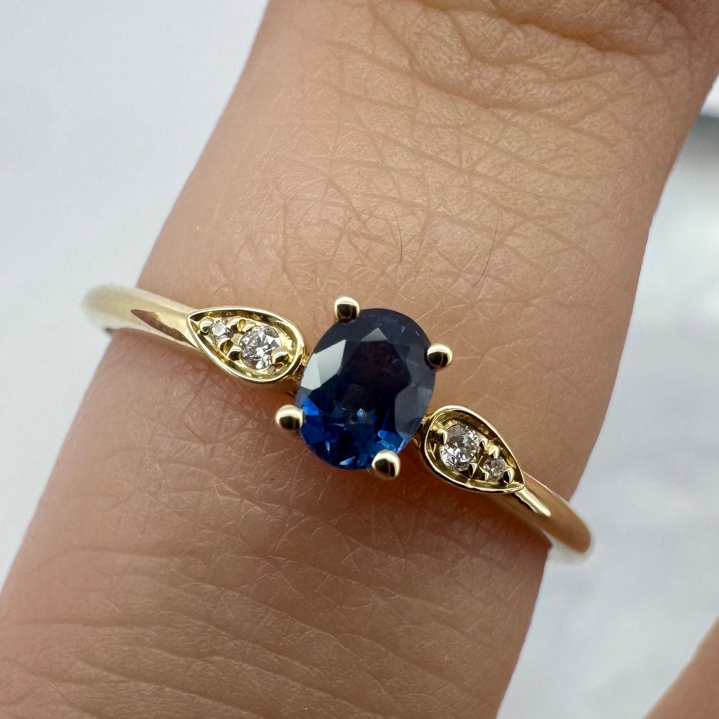 Dainty Oval Sapphire and Diamond Ring - 14K Yellow Gold