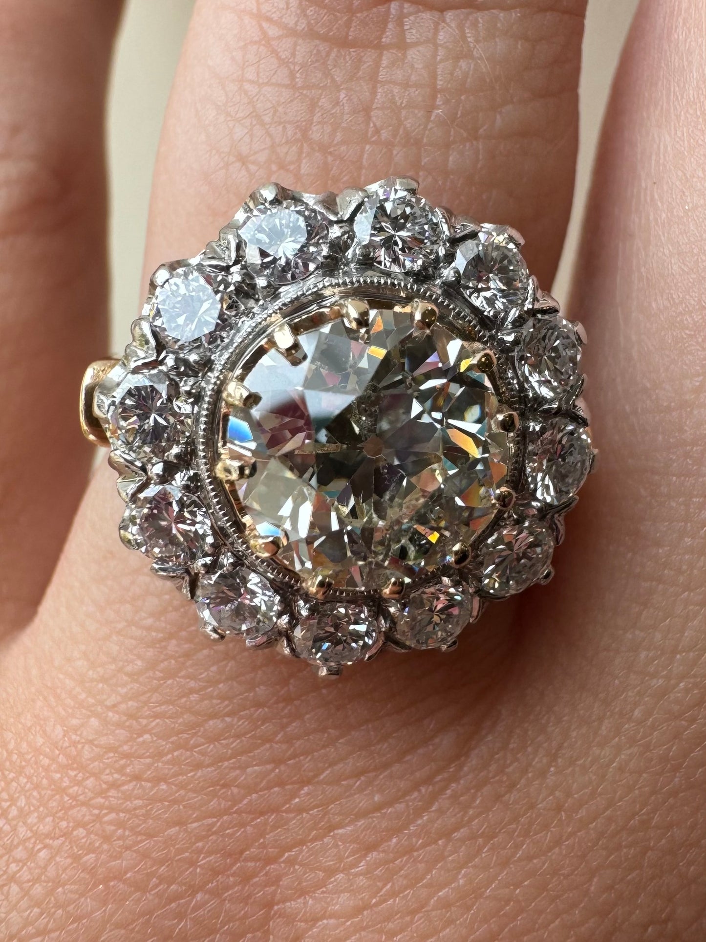 3.04ct Mine Cut Diamond Ring - 14K Yellow and White Gold