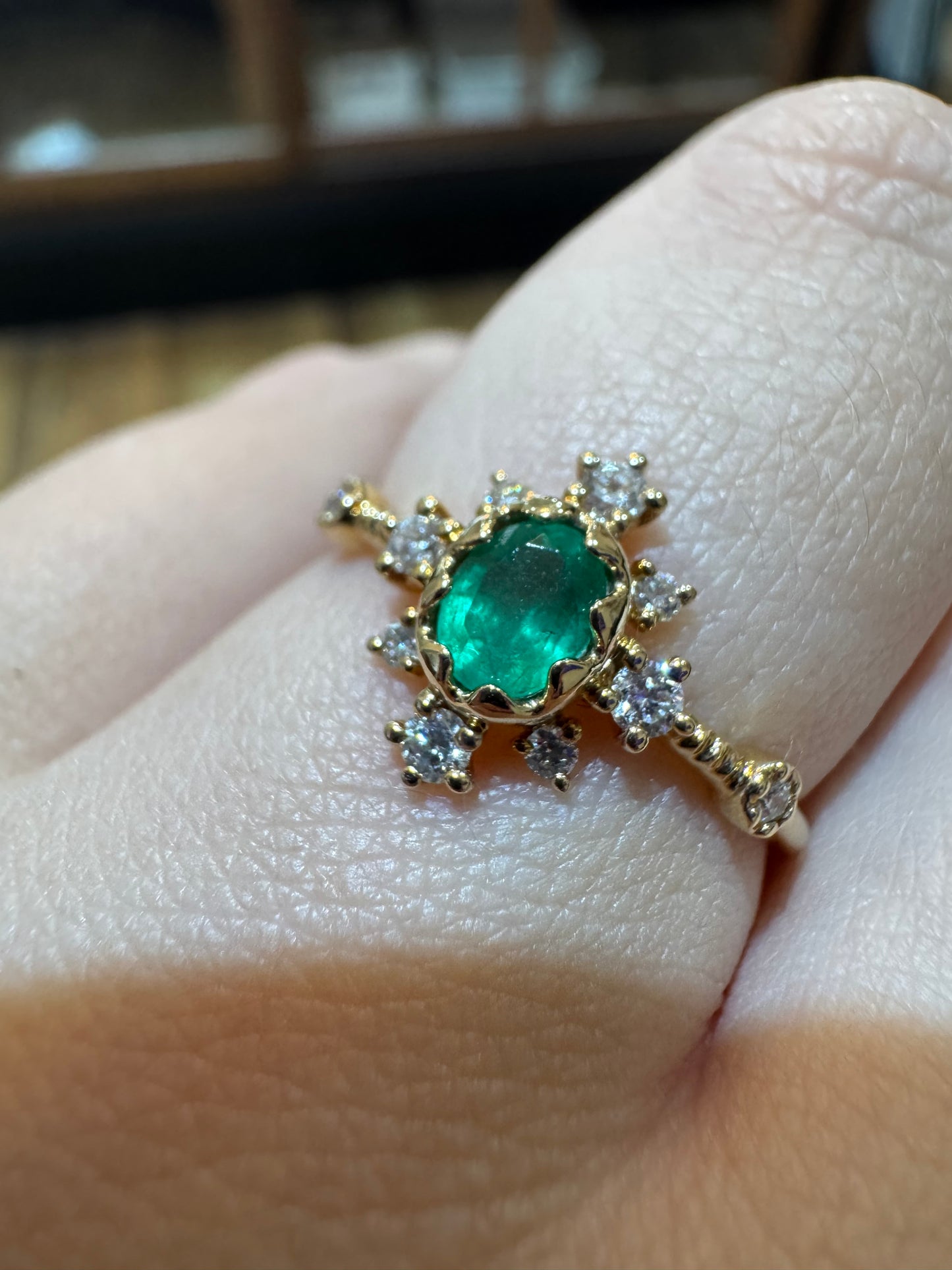 Emerald Ring with Diamond Halo - 14K Yellow Gold