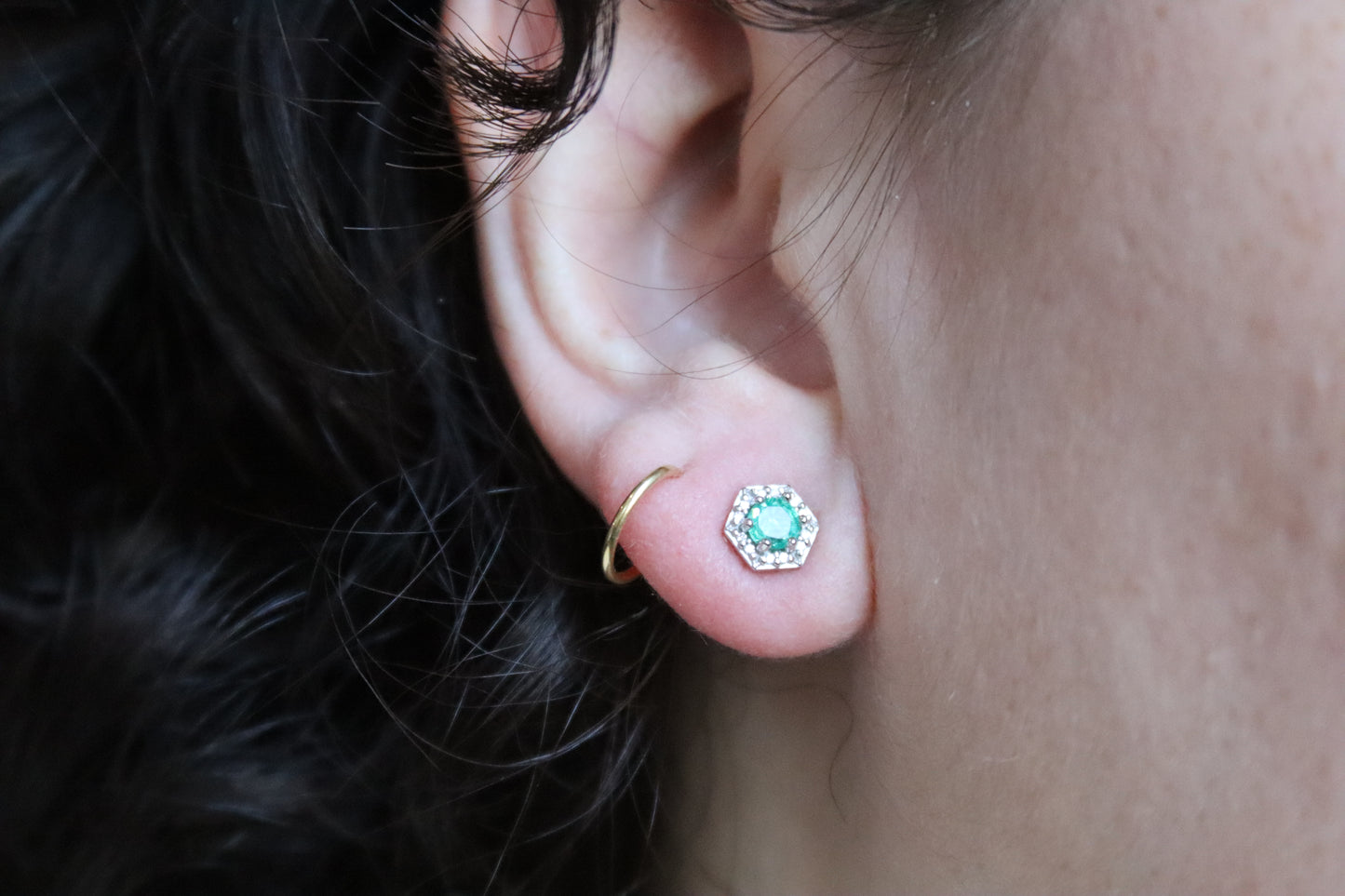 Hexagon-Shaped Stud Earrings with Emeralds and Diamonds - 14K White Gold