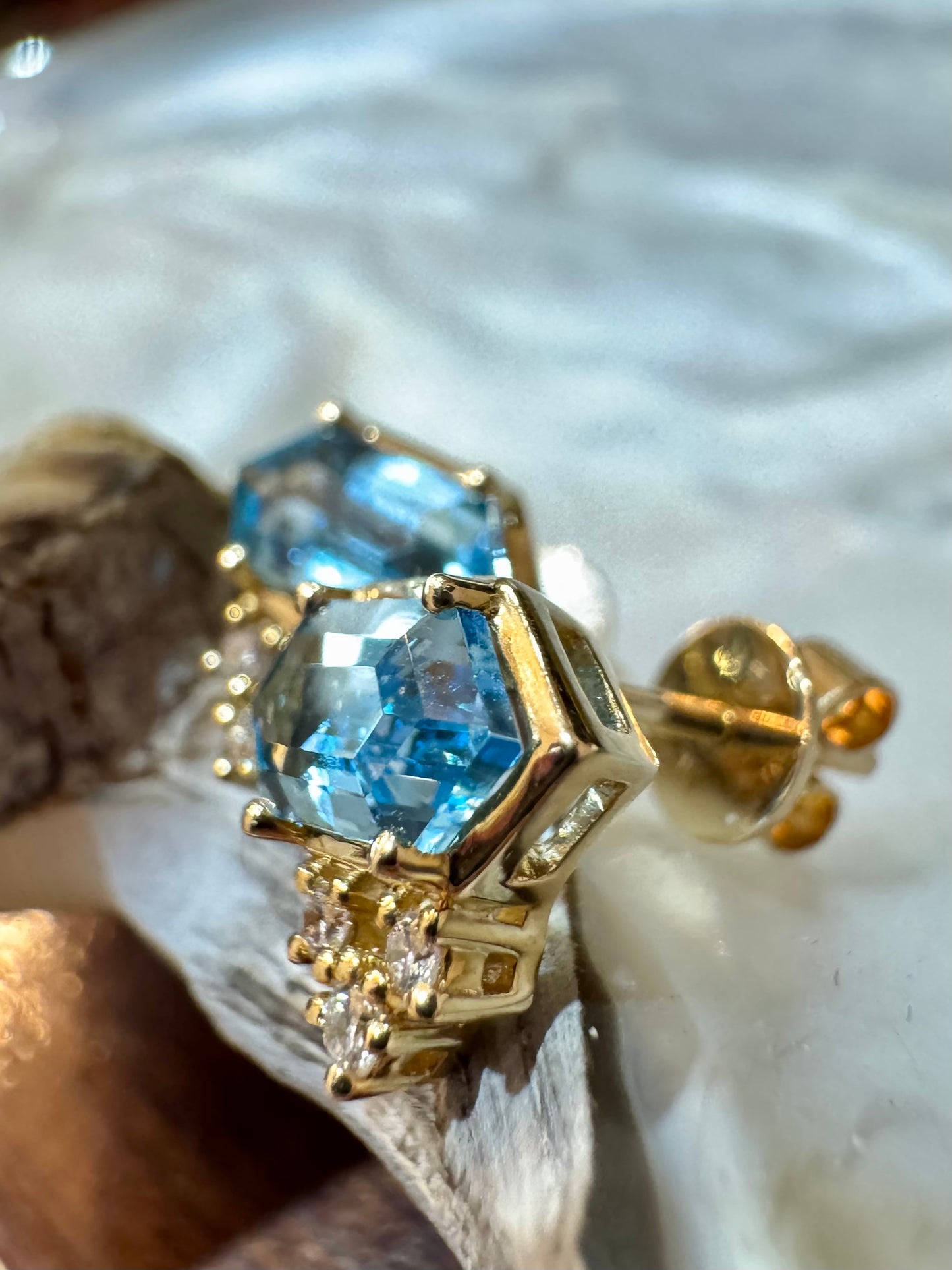 Hexagon Blue Topaz and Diamond Studs - 14K Yellow Gold