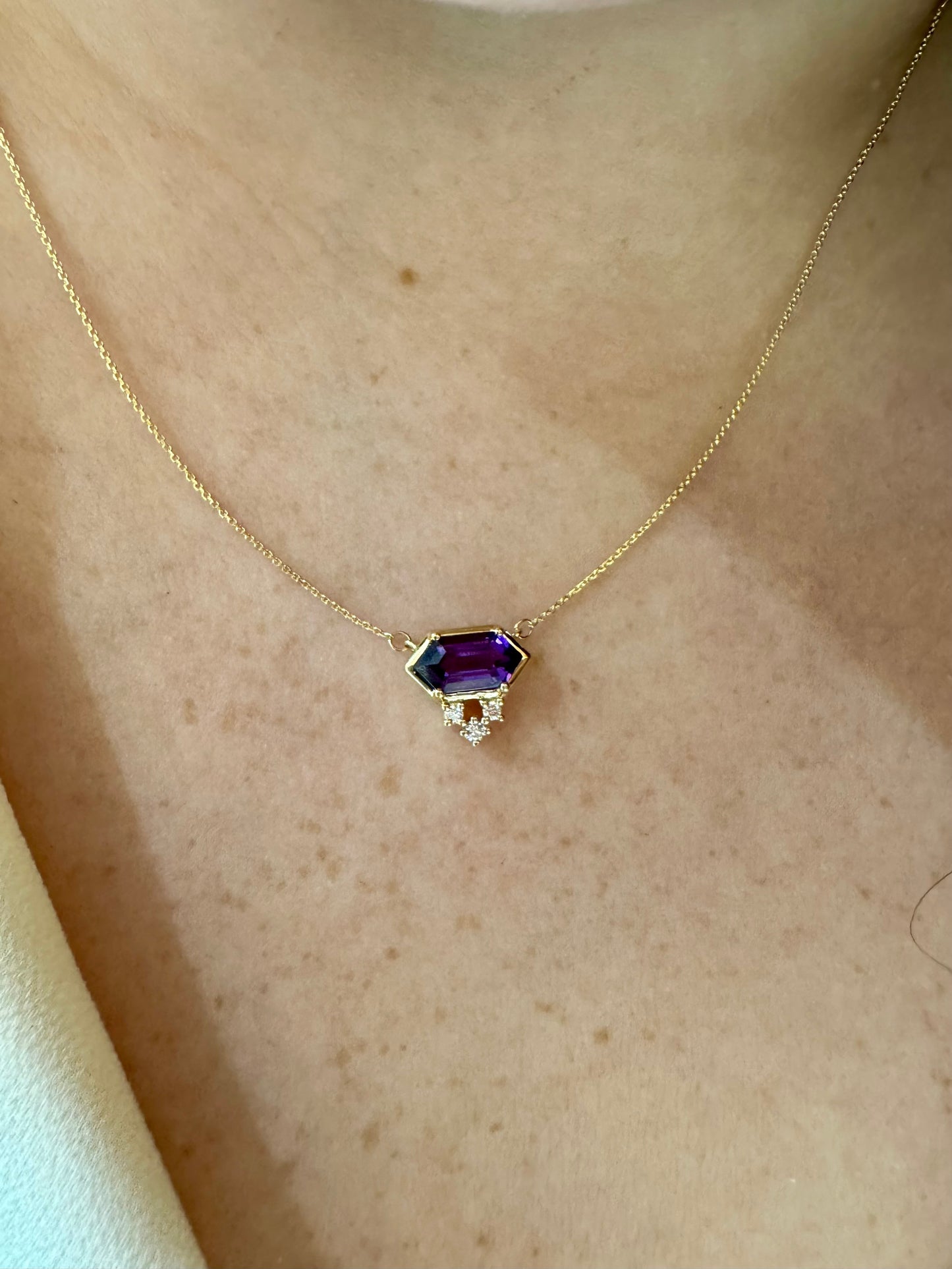 Hexagon Amethyst Necklace with Diamond Accents - 14K Yellow Gold