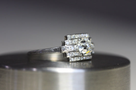 Geometric Cushion Cut Diamond Ring - Art Deco Era