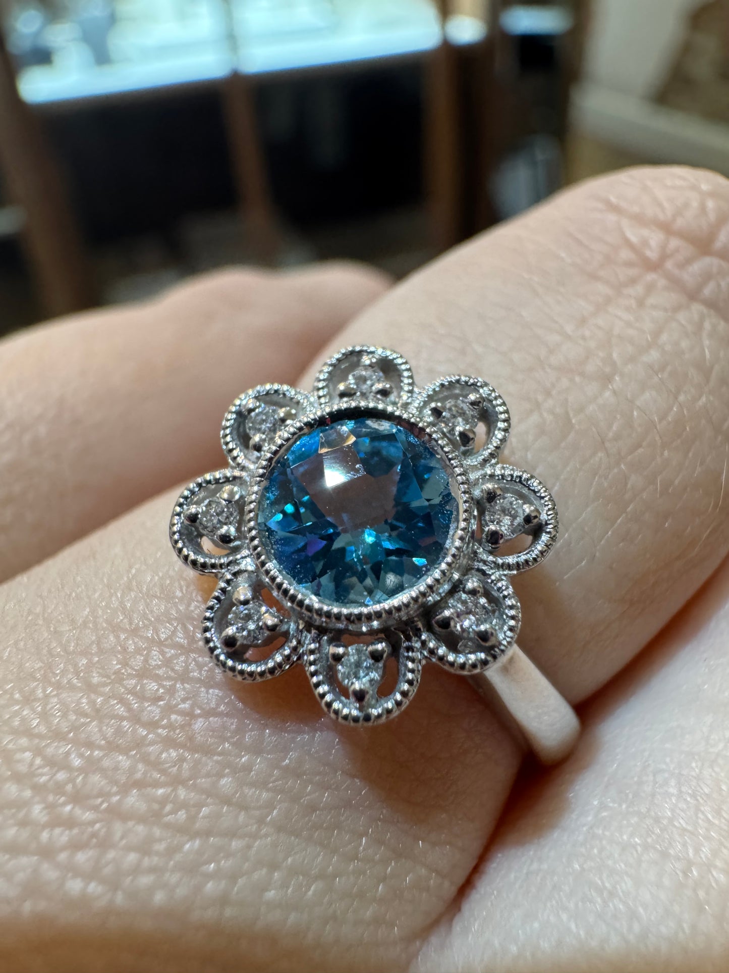 Blue Topaz and Diamond Flower Ring - 14K White Gold