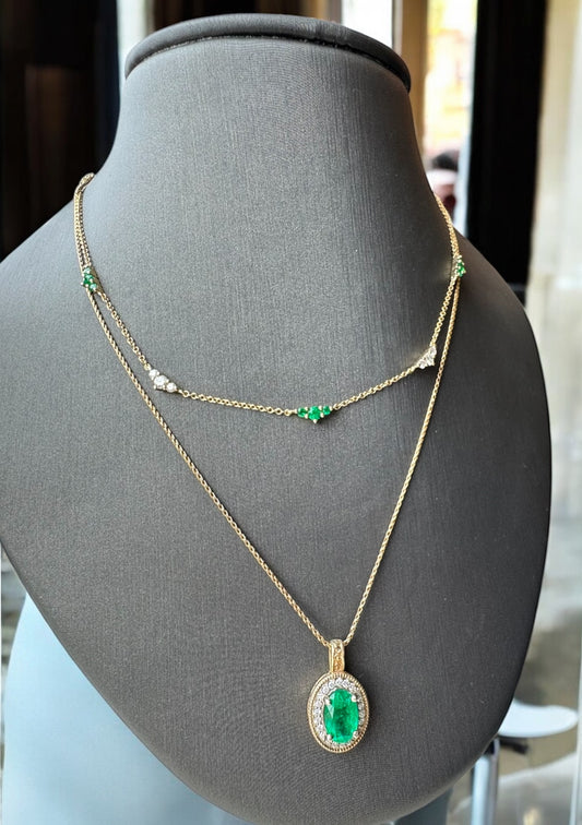 Diamond and Emerald Station Necklace - 14K Yellow Gold
