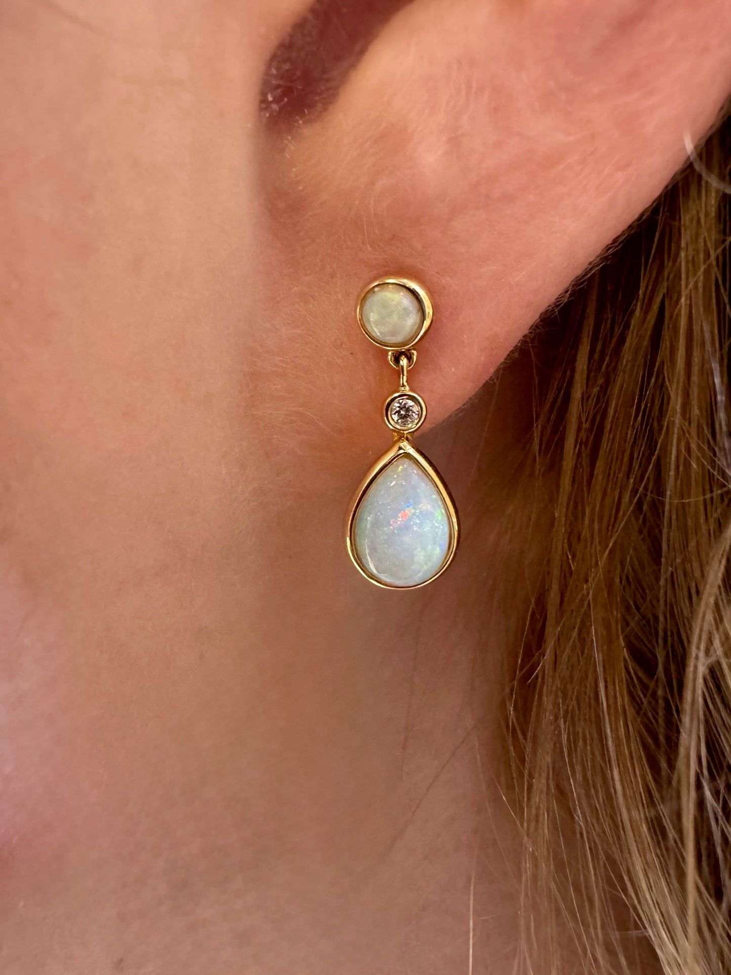 Bezel-Set Opal and Diamond Drop Earrings - 14K Yellow Gold