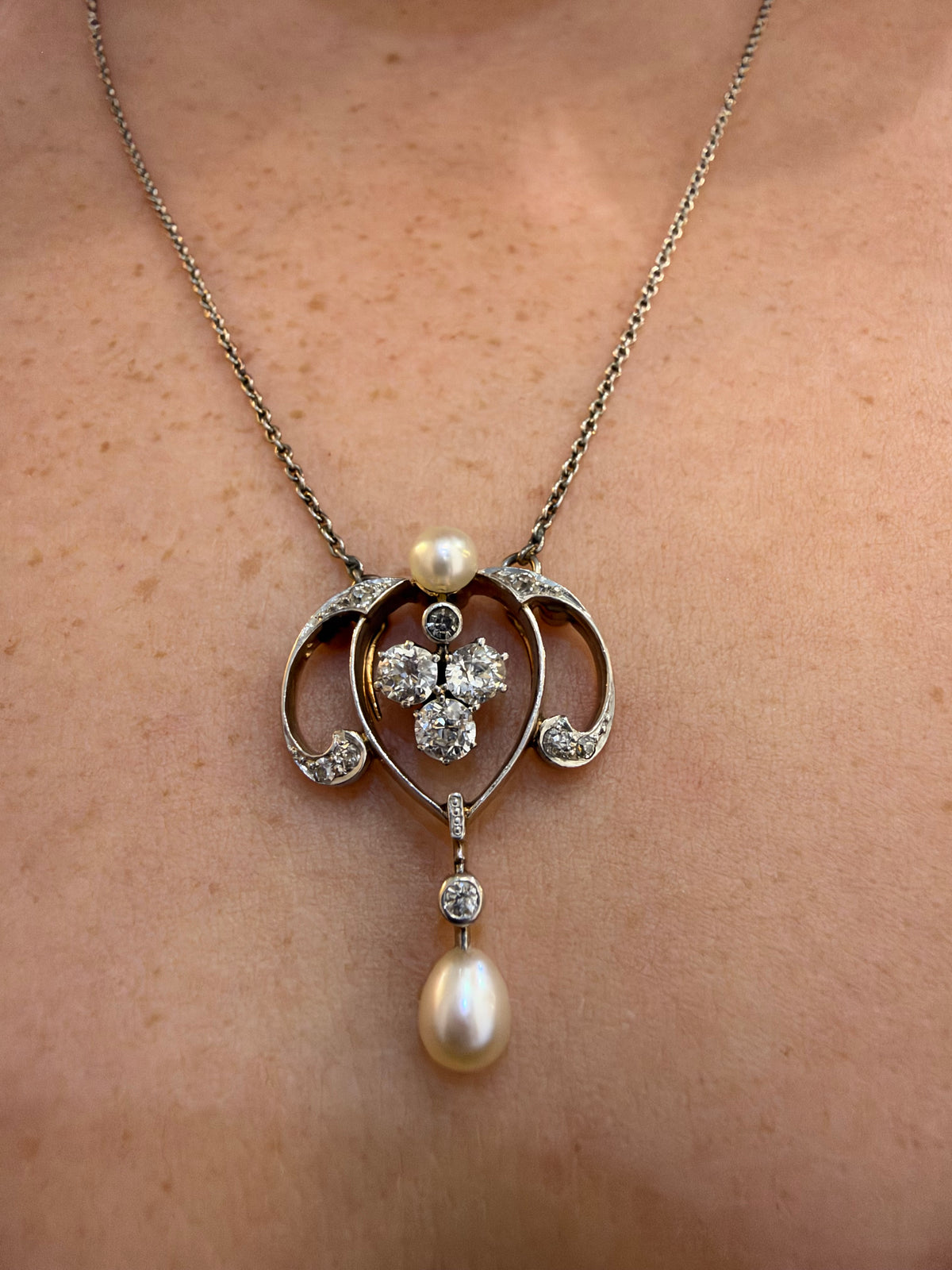 Mine-Cut Diamond and Pearl Necklace - Edwardian Era