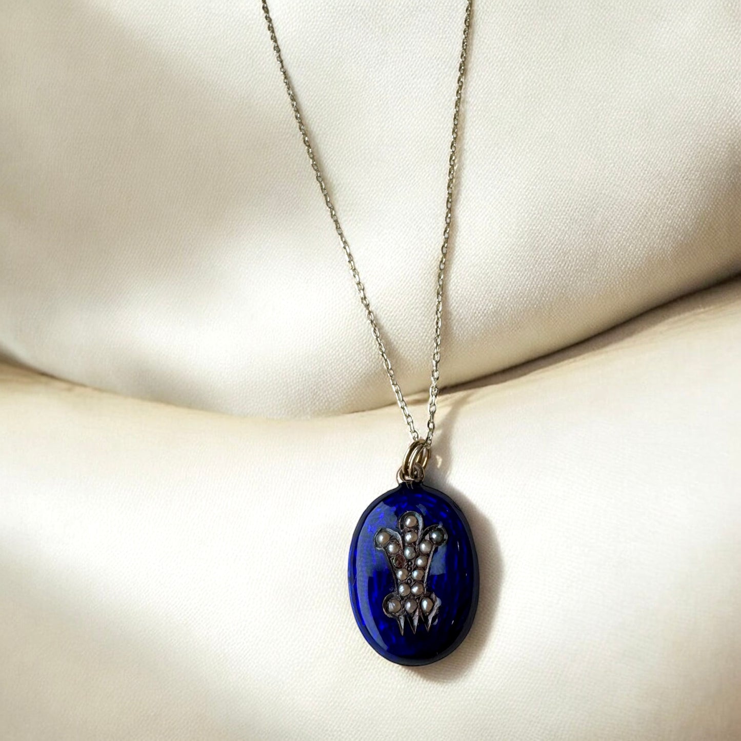 Antique Seed Pearl & Blue Enamel Locket pendant