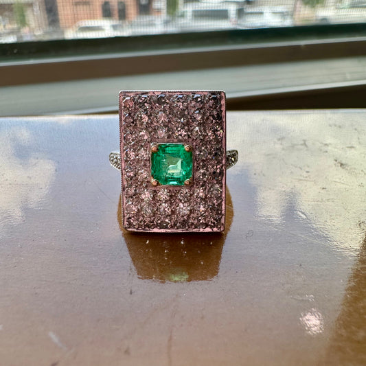 Art Deco Platinum Ring with Cushion Cut Emerald & European Cut Diamonds