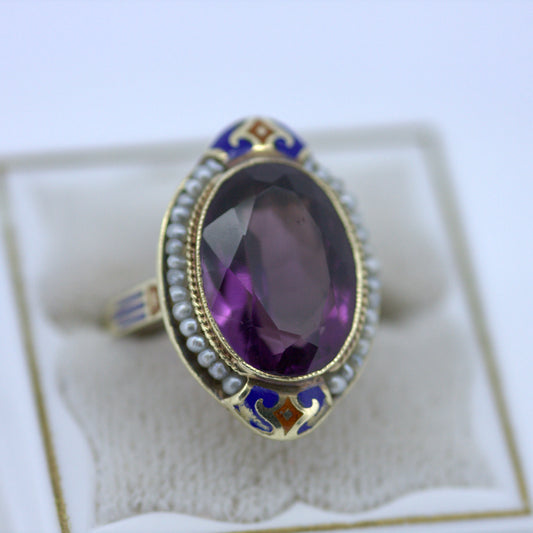 Amethyst and Seed Pearl Enameled Ring - Art Deco