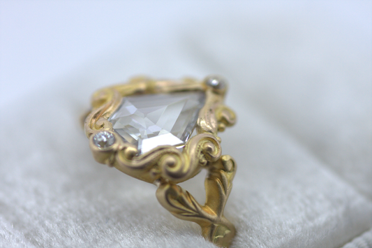 18K Yellow Gold Shield Cut Diamond Ring - Art Nouveau Era