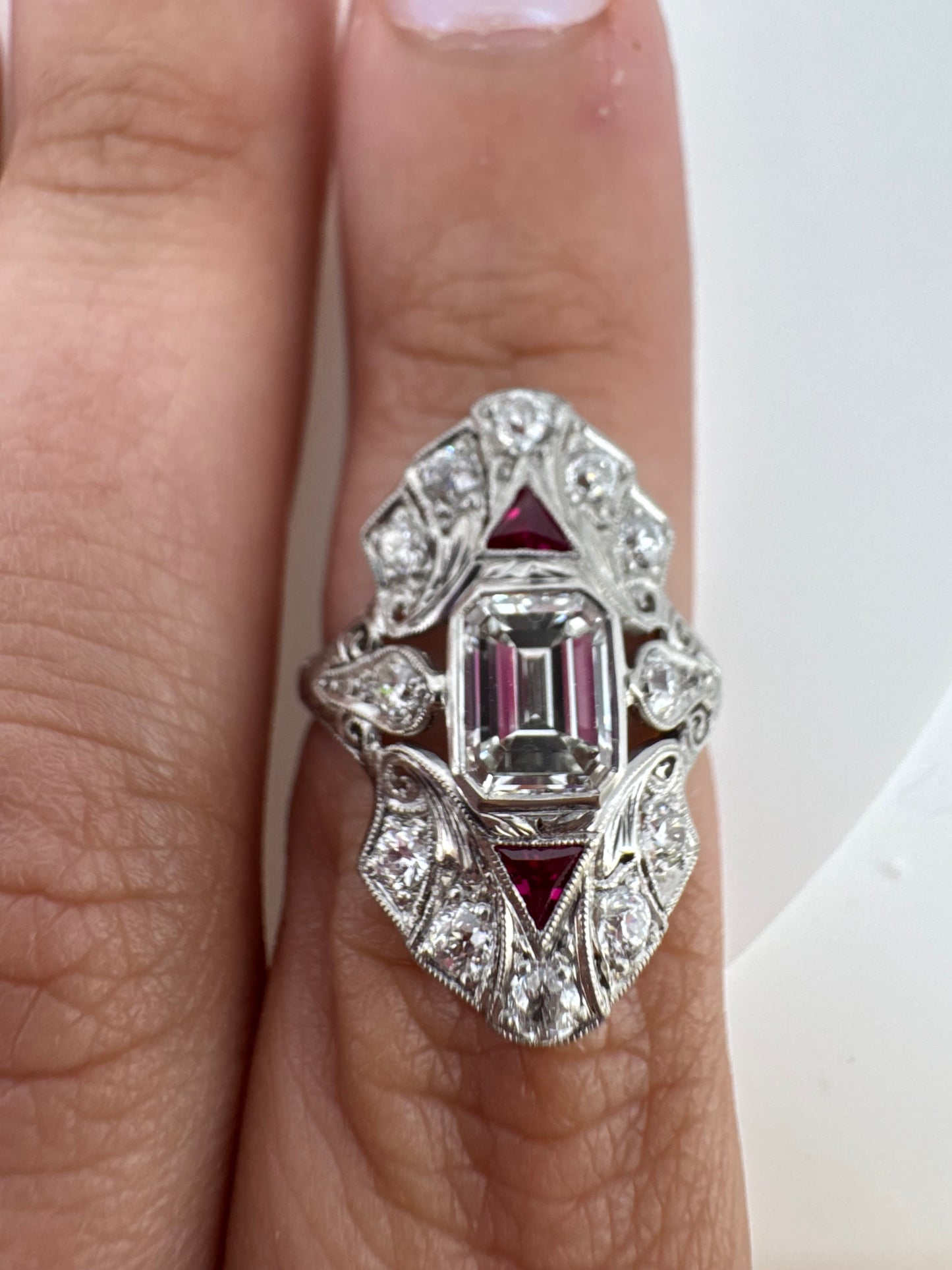 1.11ct Emerald Cut and Created Ruby Dinner Ring - Art Deco Era