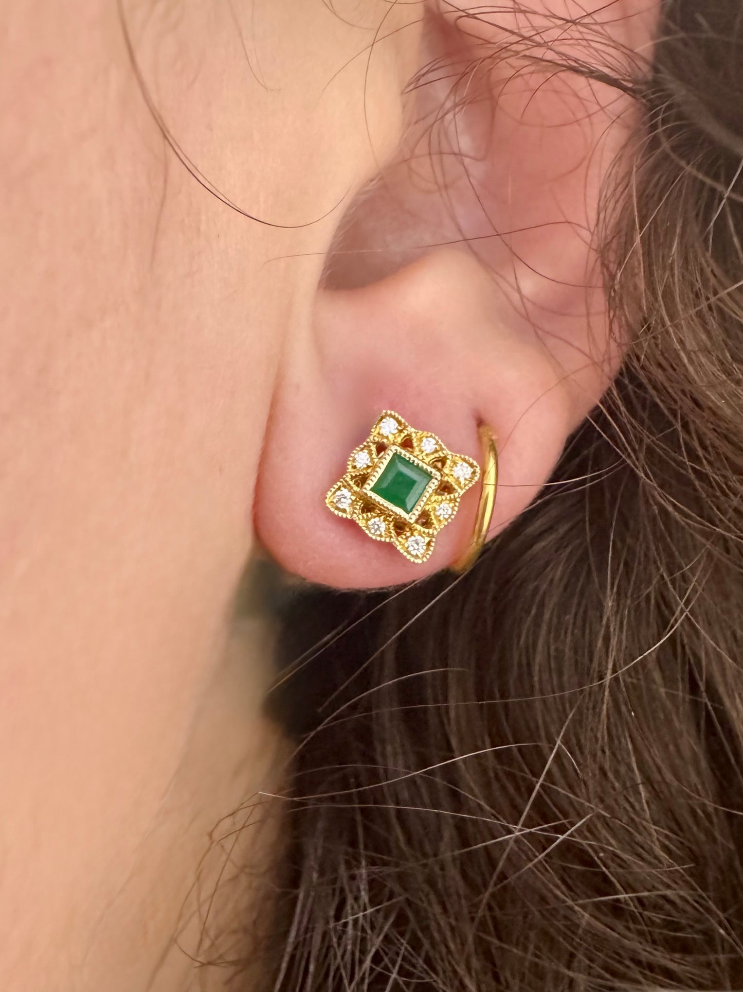 Vintage-Style Emerald and Diamond Stud Earrings - 14K Yellow Gold