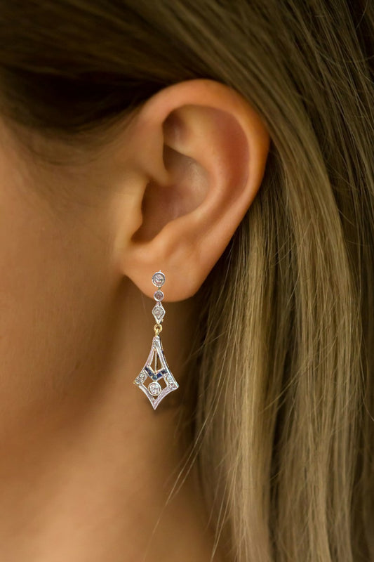 18K Diamond and Sapphire Earrings - Art Deco