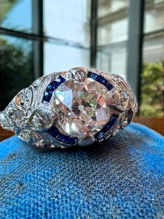 Platinum Diamond and Synthetic Sapphire Ring - Art Deco Period