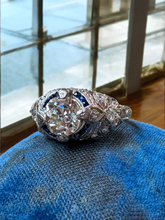 Platinum Diamond and Synthetic Sapphire Ring - Art Deco Period