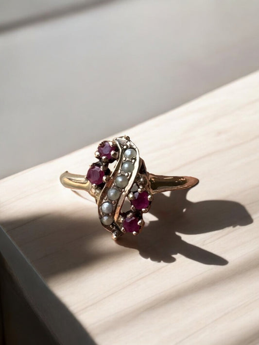 Ruby and Seed Pearl Ring - 10K Yellow Gold