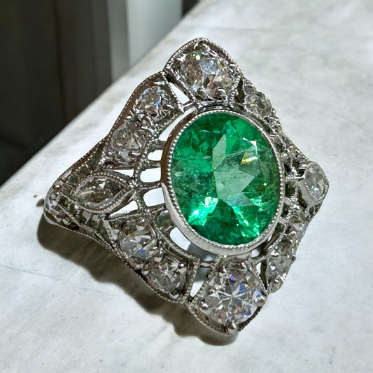 Oval Emerald and Diamond Ring - Art Deco