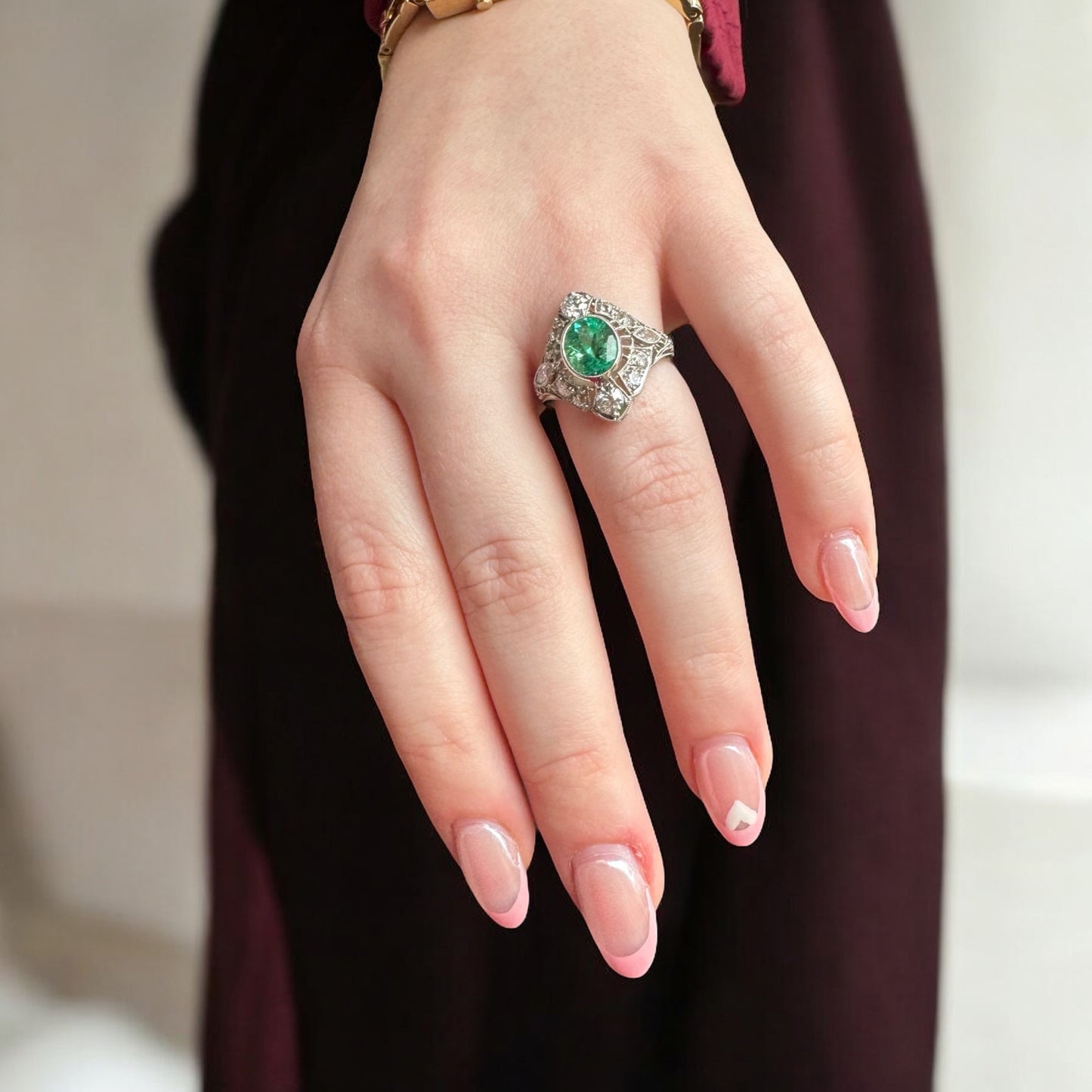 Oval Emerald and Diamond Ring - Art Deco