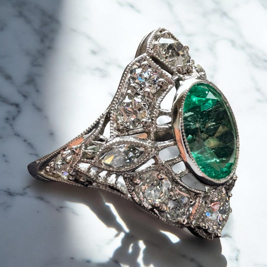 Oval Emerald and Diamond Ring - Art Deco