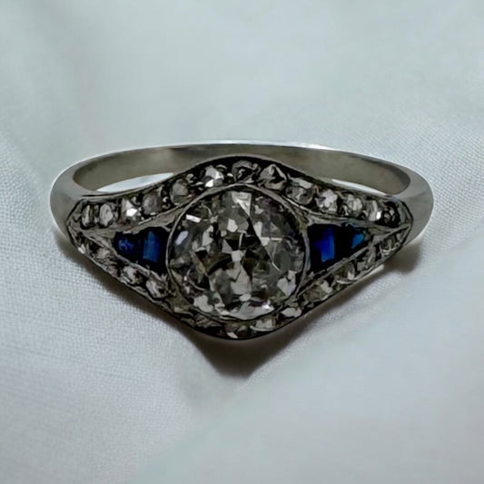 European Cut Diamond Ring with Sapphire Accents - Art Deco
