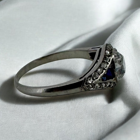 European Cut Diamond Ring with Sapphire Accents - Art Deco