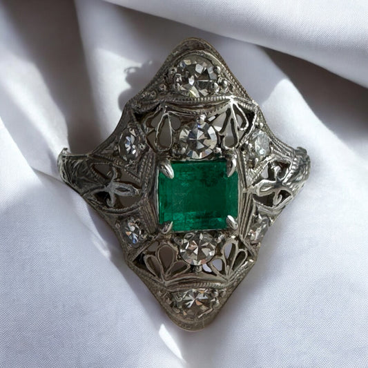 Platinum Filigree Emerald Ring - Art Deco