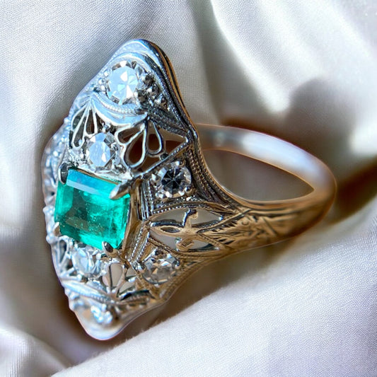 Platinum Filigree Emerald Ring - Art Deco