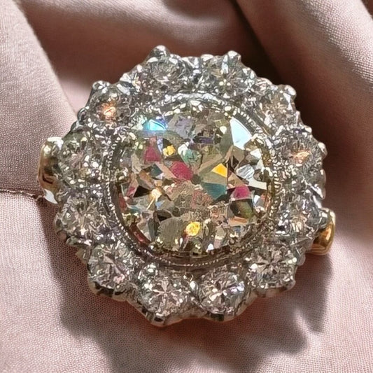 3.04ct Mine Cut Diamond Ring - 14K Yellow and White Gold