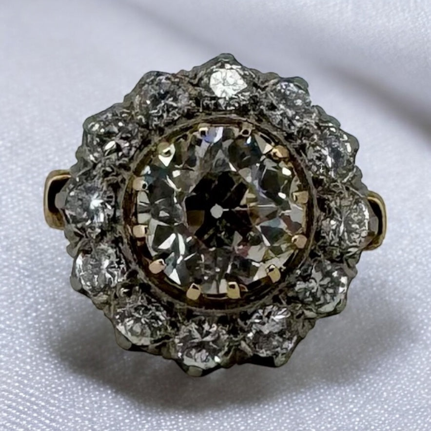 3.04ct Mine Cut Diamond Ring - 14K Yellow and White Gold
