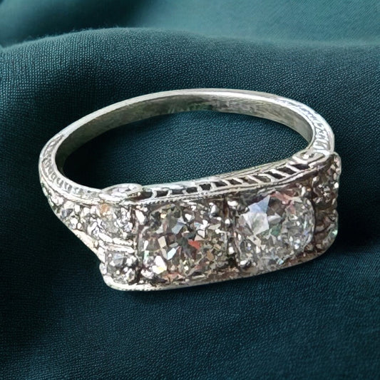 Two-Stone Mine Cut Diamond Ring - Art Deco