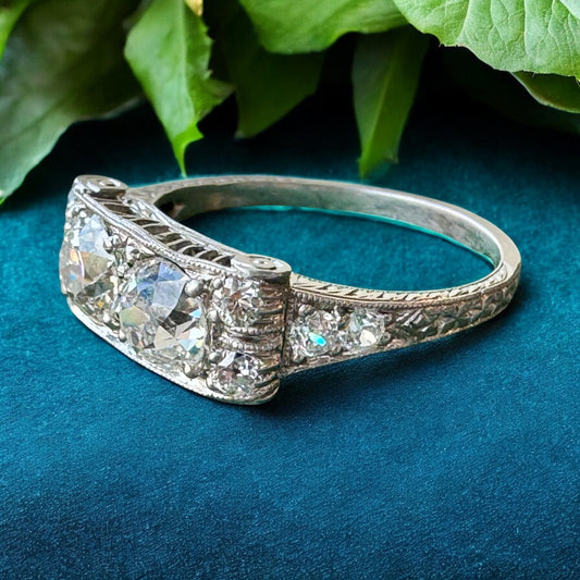 Two-Stone Mine Cut Diamond Ring - Art Deco